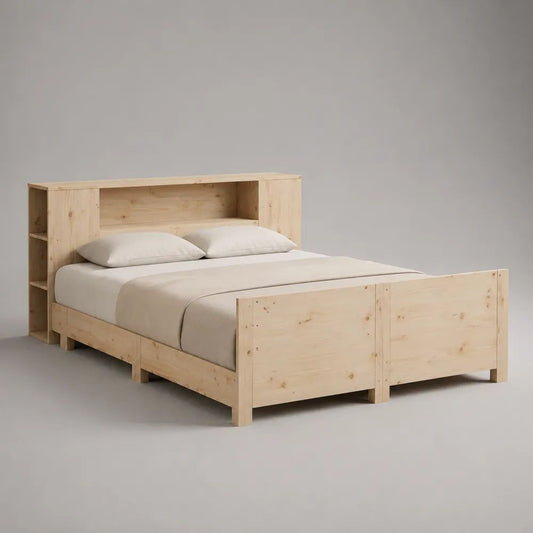Lit double en bois massif naturel avec tête de lit bibliothèque et rangements, couchage 140 x 190 cm, 218 x 165 x 120 cm