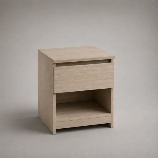 Table de chevet rectangulaire en panneaux de particules mélaminés, chêne clair, avec 1 tiroir et 1 niche, 45 × 40 × 55 cm