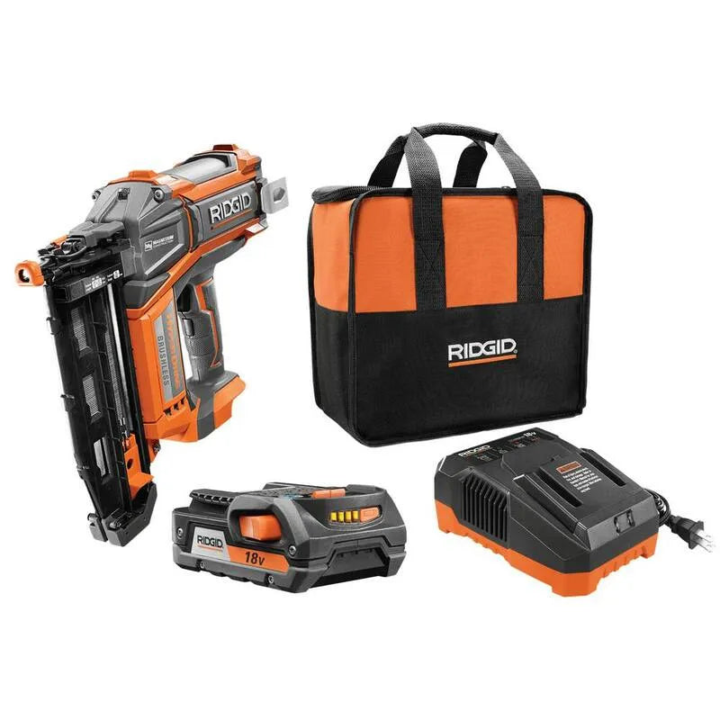 RIDGID 16GA, 18V, 2-1/2 po, sac et 4. 0 Ah MAX Batterie de sortie, Nailer à finition droite, sans brosse, 2 in, 4.0 Ah