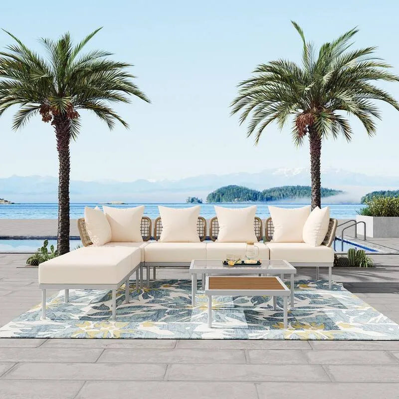 8 pièces Canapé avec verre trempé 8 pièces, Coussins beige, avec table basse en verre trempé, Extérieur