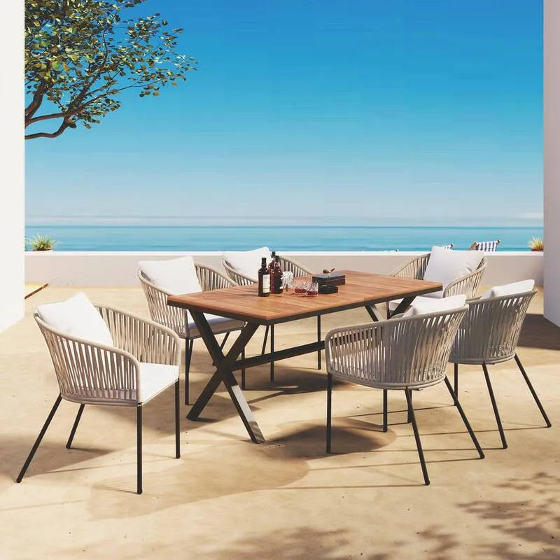 7 pièces Set de repas extérieur en osier à 7 pièces, ensemble de repas extérieur en osier avec coussin beige en bois d'acacia
