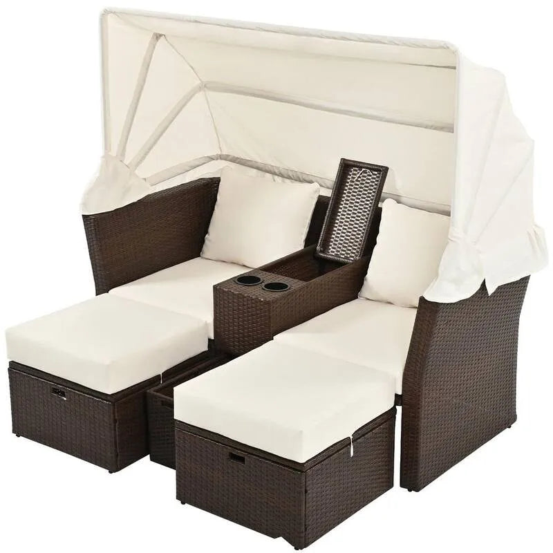 résine tressée extérieur Loveseat Double Daybed avec coussins beiges et auvent pliable, design pliable, moderne