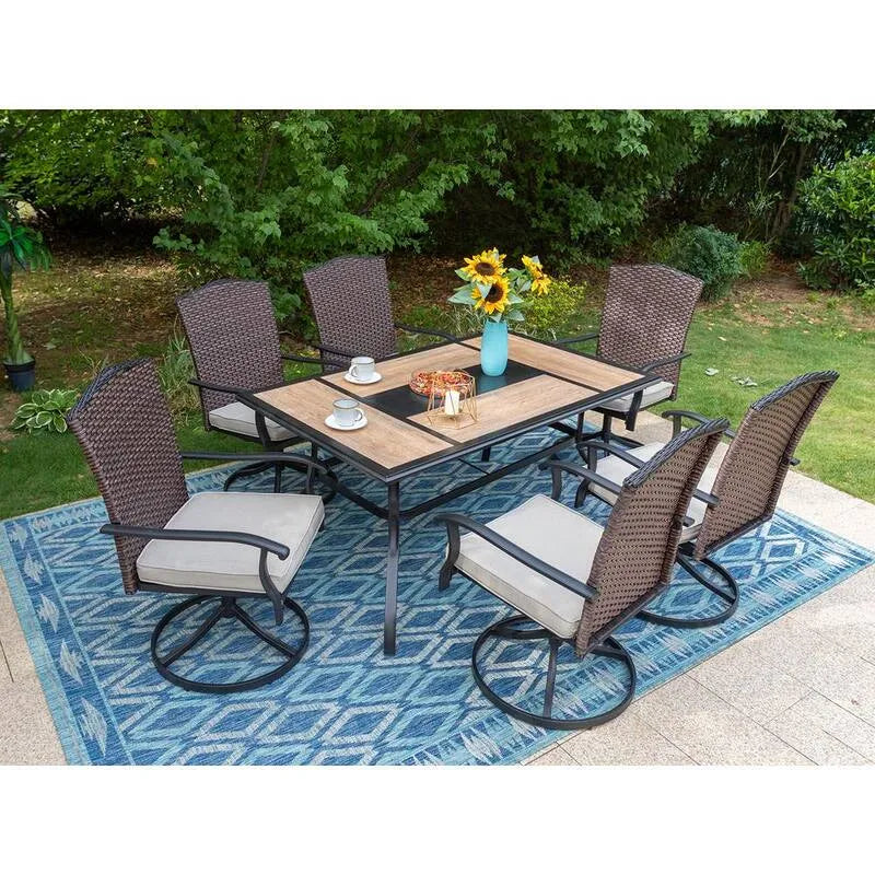 7 pièces Ensemble de repas extérieur en métal à 7 pièces, noir, beige, Ensembles repas de jardin