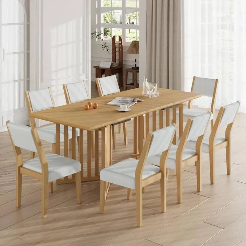 9 pièces Ensemble de repas extérieur en bois de caoutchouc, 9 pièces, feuilles amovibles et coussins gris, 12 po., 12 in, Ensembles repas de jardin