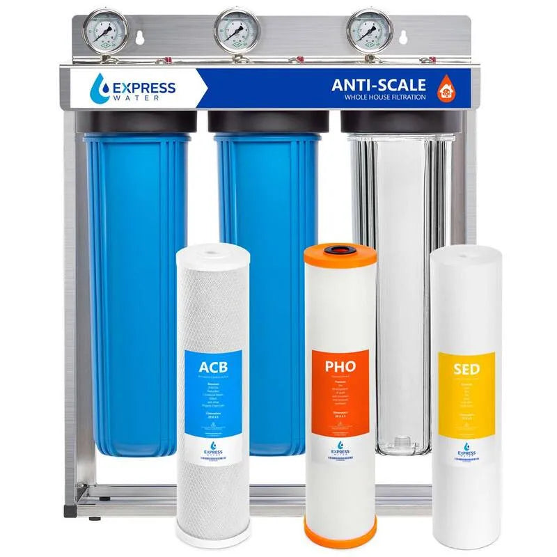 Système de filtration d'eau de la maison entière, sédiments, carbone, comprend des jauges de pression et plus, 3 étapes