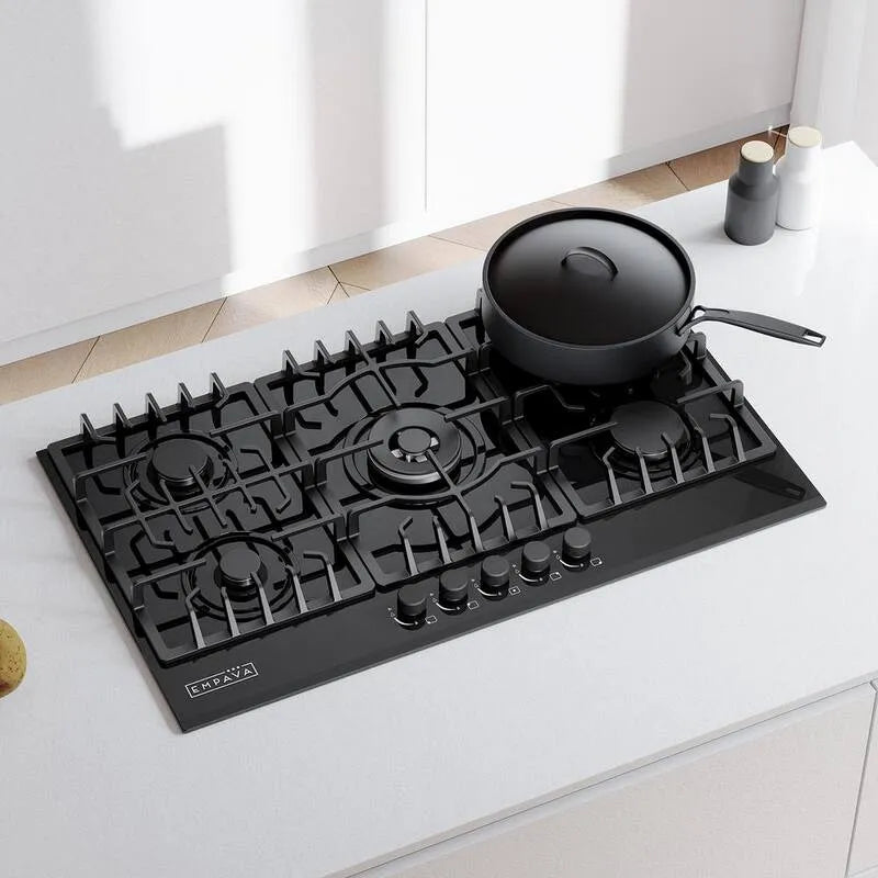 Cuisinière à gaz 5-Burners, 36 po, Surface de cuisson de comptoir de Burner scellée, Noir, 36 in