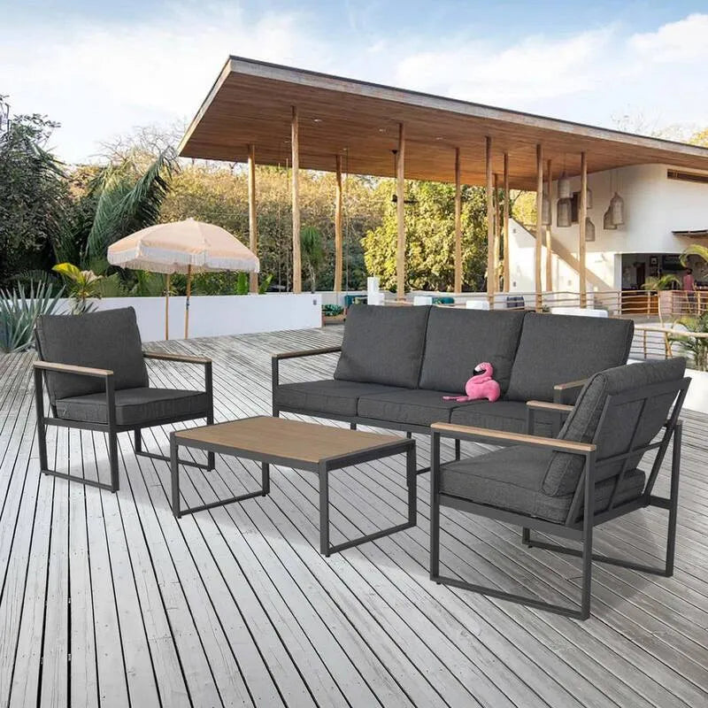 Canapé, 4 pièces, 1 table de café pour jardin, plateau en bois d'Acacia, extérieur, noir, métal, gris, 4 pièces