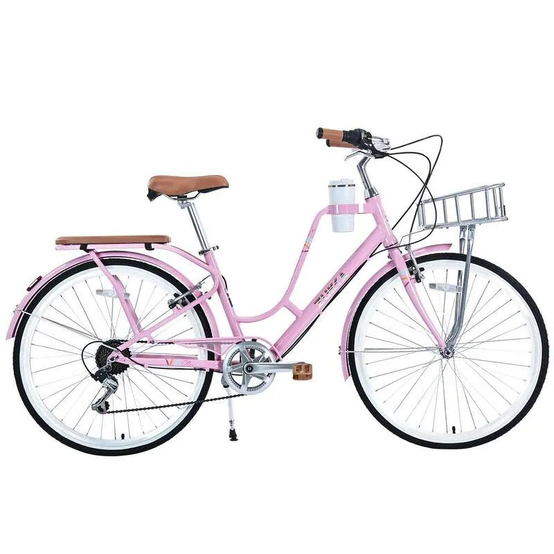26 po, 26 po Vélo pour femmes rose de 7 vitesses avec porte-cafetière, 7 vitesses, 26 in