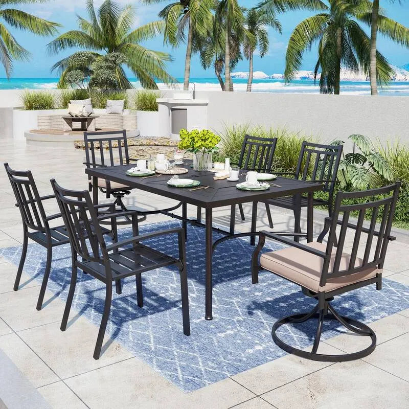 7 pièces Ensemble de salle à manger extérieure en métal à 7 pièces, ensemble de salle à manger extérieure en métal avec table rectangle et chaise pivotante à rayures avec coussin beige