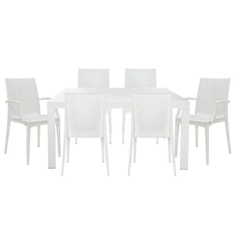 Table à manger, Blanc, Mace 7-Pcs Patio Ensemble, Chaises latérales en plastique et fauteuils et rectangulaires