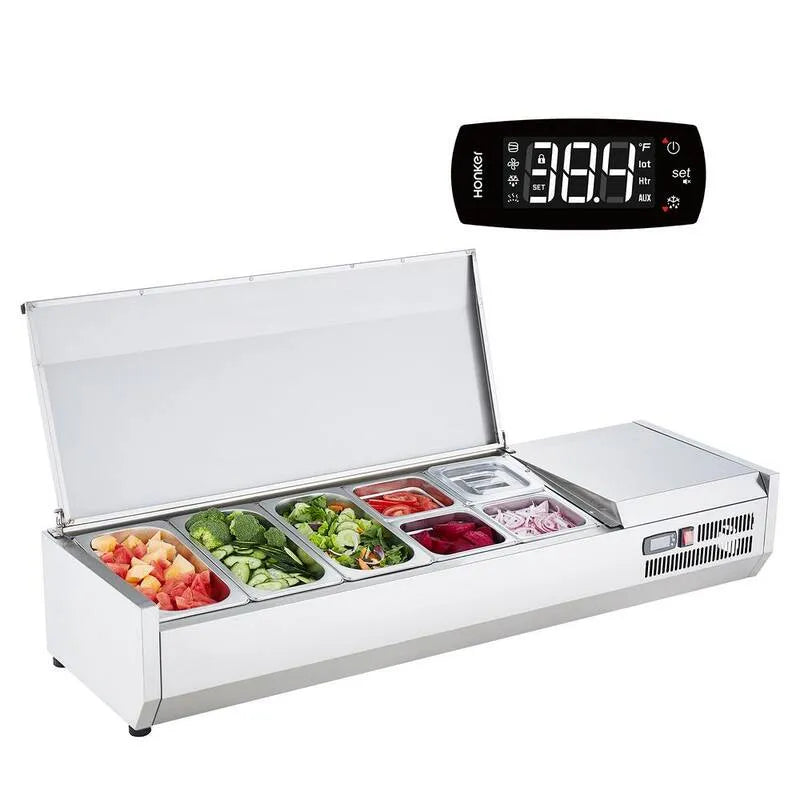 Condiment Prep Station 140 Watt de comptoir avec 3 1/3 Pans & 4 1/6 Pans, 304 Corps Inox et PC Couvercle