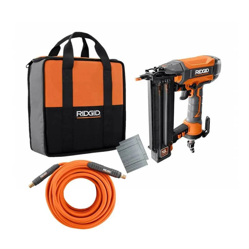 RIDGID 18-Gauge et outil, 2-1/8 po, 4 po, 50 pieds, Lay Flat Air Hose, cloueur à pointes avec la technologie CLEAN DRIVE, 8 in, 4 in, 50 ft