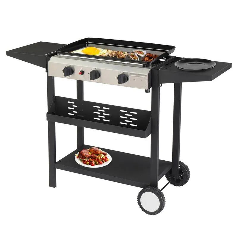 Grill à gaz plat 3-Burner, conception compacte et portable, Propane liquide, Extérieur, Noir