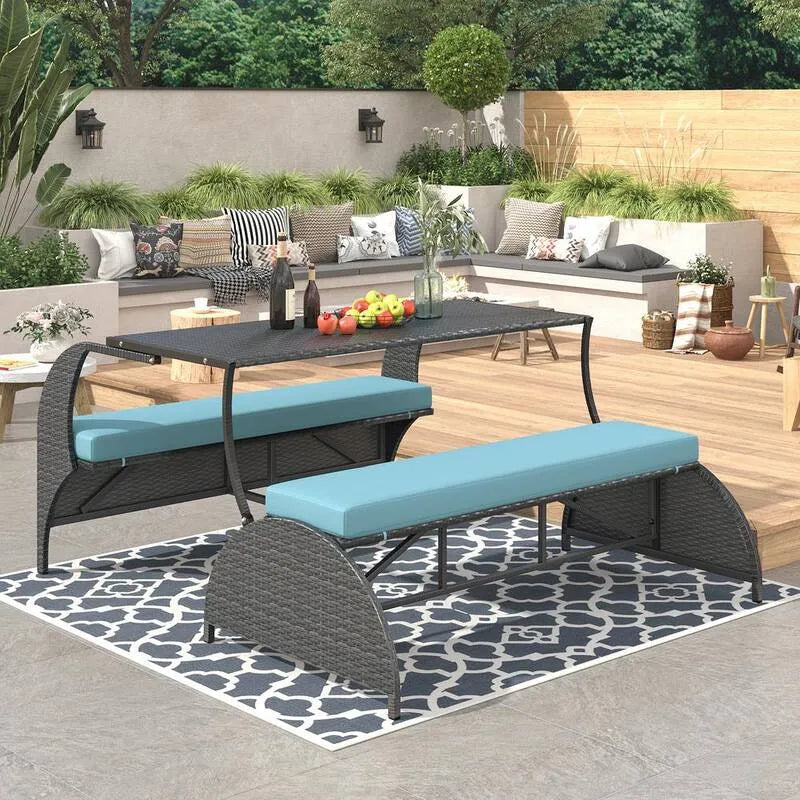 Chaise d'amour, résine tressée extérieur Chaise d'amour et convertible en et table avec coussins bleus pour pelouse de jardin, gris, extérieur