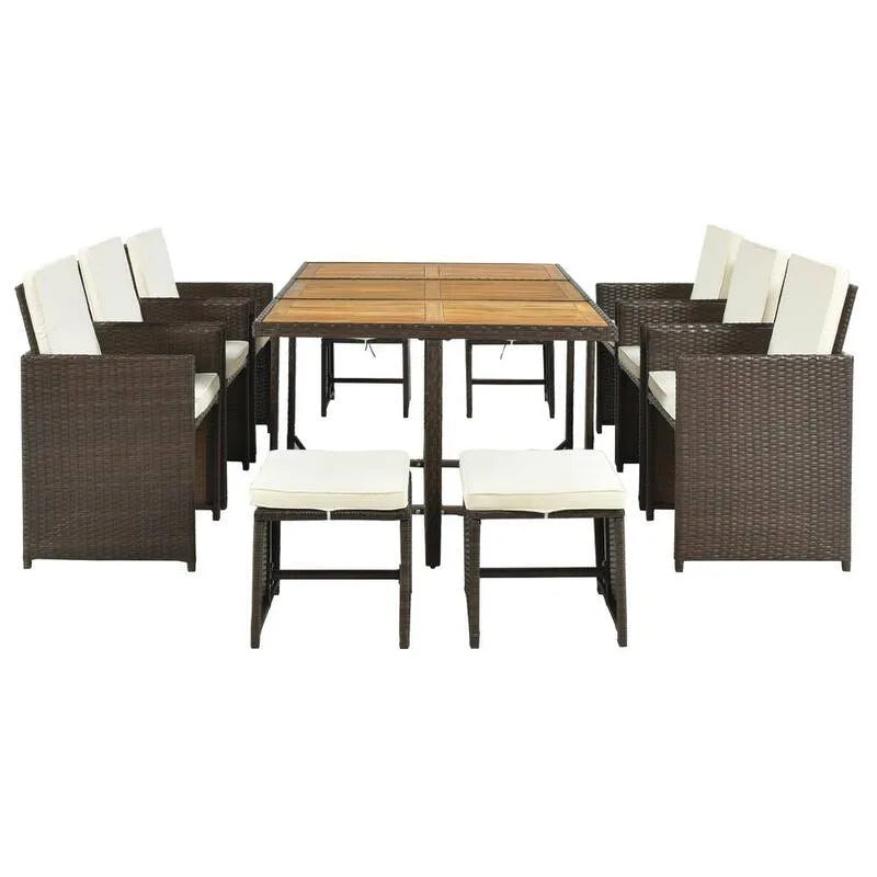 11 pièces Ensemble de repas extérieur en PE en pièces 11 pièces, brun, en PE en essuyant avec coussin beige