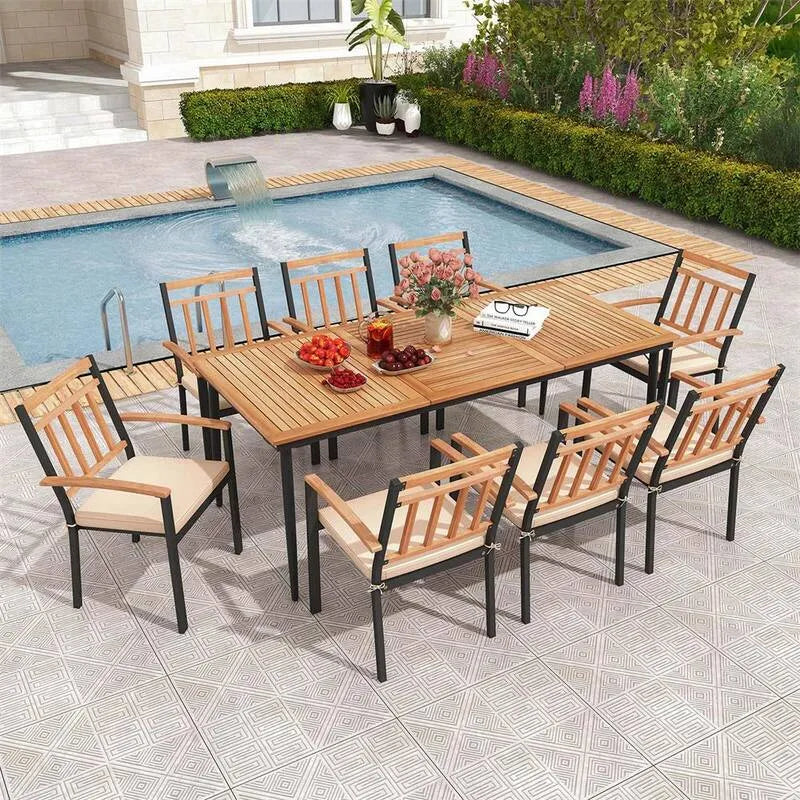 9 pièces Ensemble de repas extérieur en bois rectangle en pièces 9 pièces, naturel et noir avec coussins