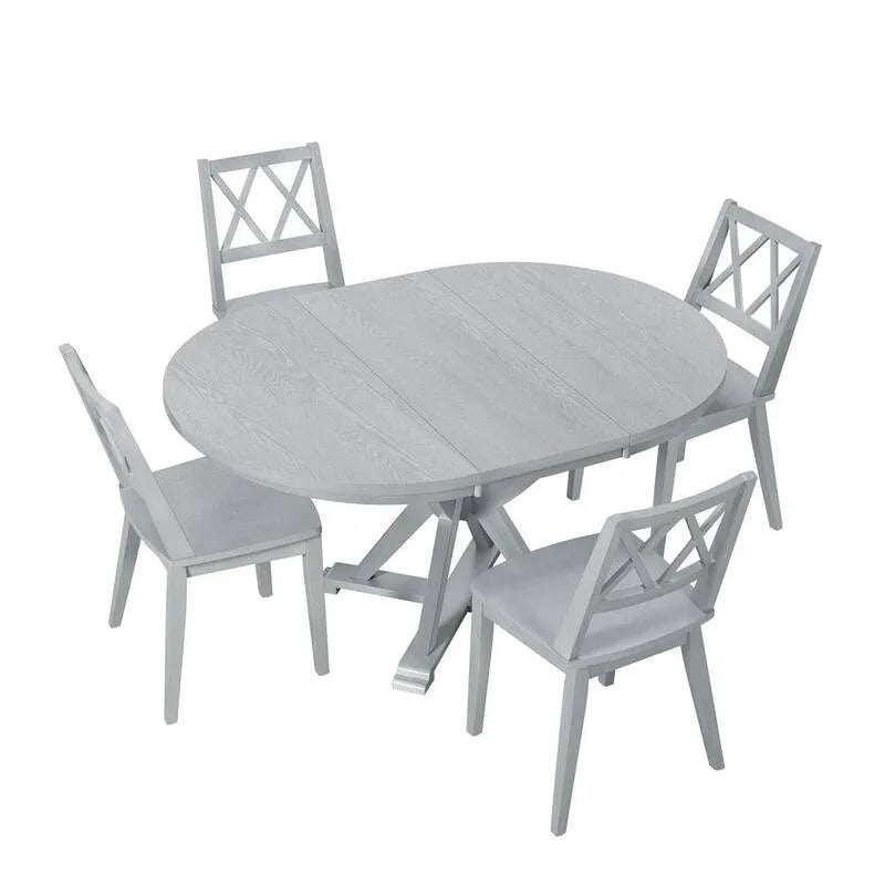 5 pièces Table ronde extensible 5 pièces en bois, 15. 7 po, Feuille amovible et 4 chaises, Gris, 15.7 in