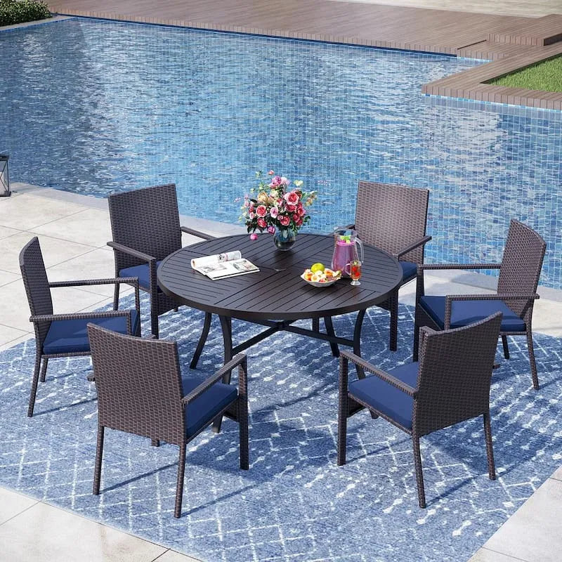 7 pièces Ensemble de repas en métal rond à l'extérieur, noir, bleu, 7 pièces
