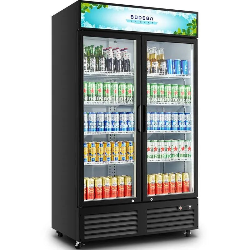 BODEGA, 44, 5 po. L 34. 5 pi. Cu. Une zone de présentation commerciale Réfrigérateur avec 2 portes en verre de marchand de réfrigérateur en noir, Réfrigérateurs professionnels, 44.5 in, 34.5 cu. ft