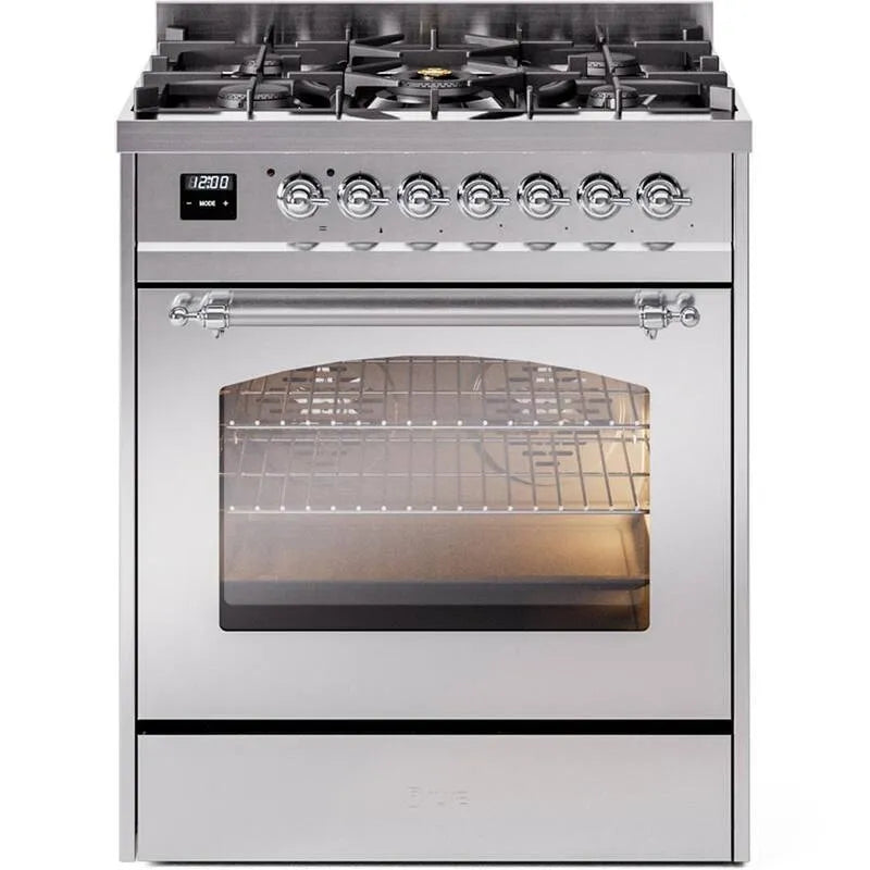 ILVE, Nostalgie II 30 po. 5 Burner Freestanding Double gamme de carburant en acier inoxydable avec trim Chrome, Cuisinières mixtes à four simple, 30 in