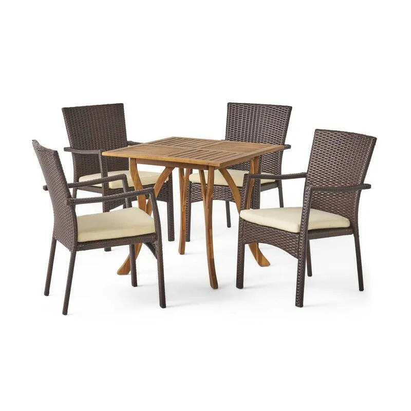 5 pièces Ensemble de repas en patio extérieur de la place Rattan, 5 pièces, Zaïre, bois
