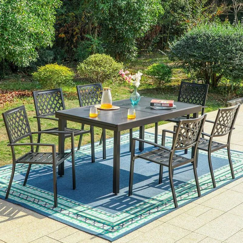 7 pièces Ensemble de salle à manger extérieur en métal à 7 pièces, ensemble de salle à manger extérieur en métal avec table extensible à motif de carve et chaises empilables élégantes