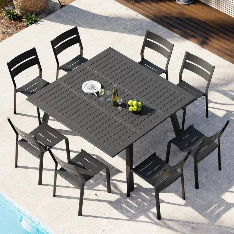 Table à manger gris aluminium extensible extérieur, sombre, ensemble de 9, Gris foncé, Ensembles repas de jardin