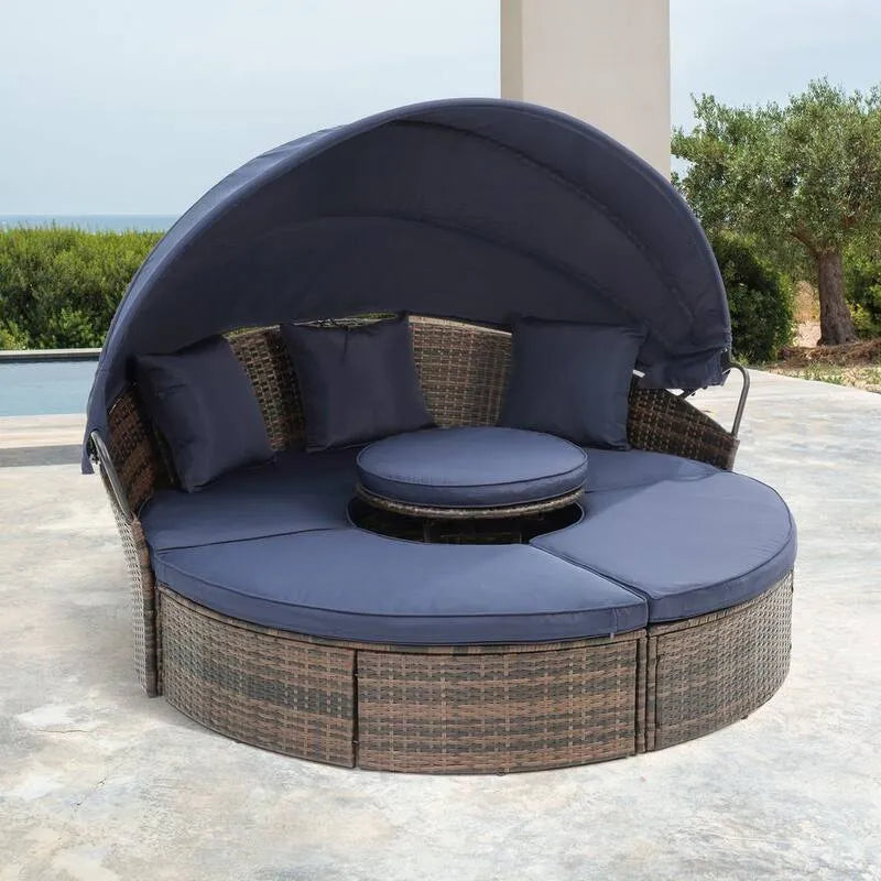 4 pièces Table basse Canopée ronde avec ascenseur 4 pièces, extérieur, 4 pièces en osier serti de section extérieure avec coussins bleu marine