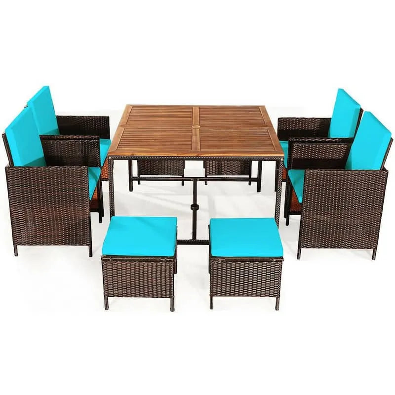 9 pièces Kit de chaises à manger extérieur en osier 9 pièces, ensemble de chaises à manger extérieure en osier avec coussins turquoise