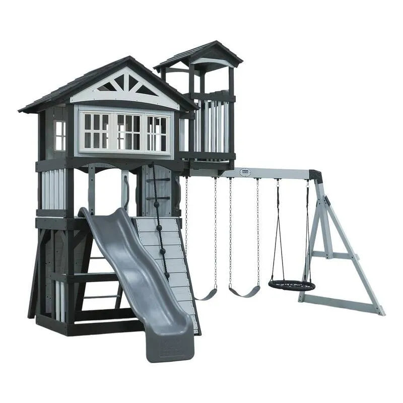 Pointez tous les jeux extérieurs en bois de cèdre avec Upper Clubhouse, mur de roche et la diapositive de vague, Web Swing