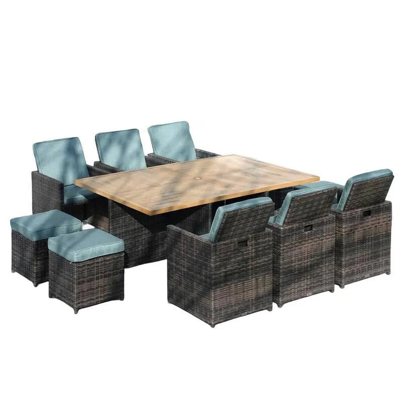 11 pièces Set de repas extérieur rectangulaire en osier de pièce 11 pièces, plateau de table en aluminium, point de vue, brun, vert