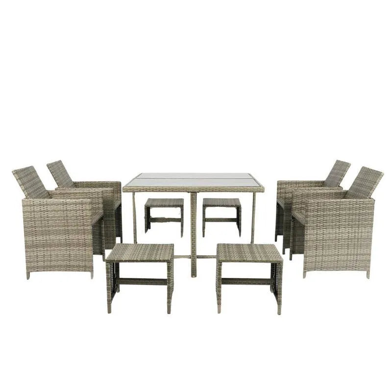 9 pièces Set de repas extérieur en osier 9 pièces, ensemble de repas extérieur en osier avec coussins gris foncé, Ensembles repas de jardin