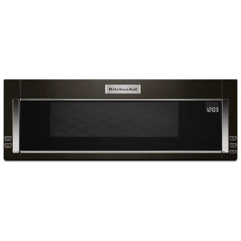 KitchenAid, 1, 1 cu. ft. Au-dessus de la gamme Faible Profil Hotte Micro-ondes Combinaison en noir de bouclier d'impression, Noir inoxydable avec finition pare-brise, micro-ondes à grande portée, 1.1
