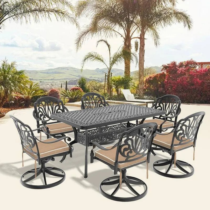 7 pièces Table à manger 7-piéce, 6 chaises pivotantes et 6 coussin brun, Elizabeth, extérieur, aluminium