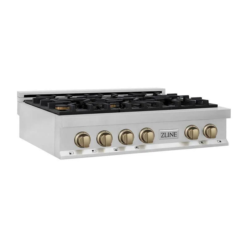 Cuisinière à gaz, 36 po, 6 brûleurs, acier inoxydable, autographe, bronze, 36 in