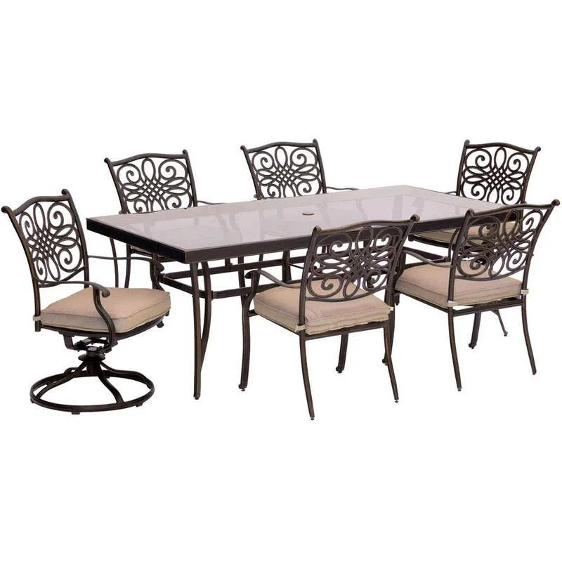 7 pièces Ensemble de salle à manger en aluminium extérieur 7 pièces, ensemble de salle à manger en aluminium extérieur avec table en verre rectangulaire et 2 chaises pivotantes avec coussins