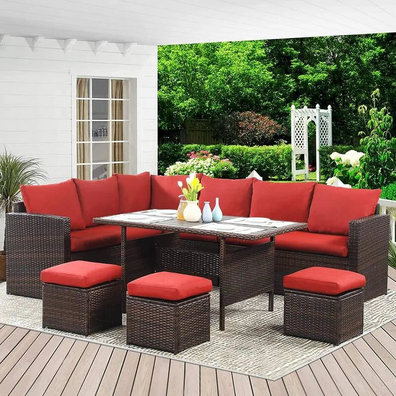 Canapé Sectionnel, Patio, Extérieur, Rouge, Salon Sièges modulaires, Ensembles repas de jardin