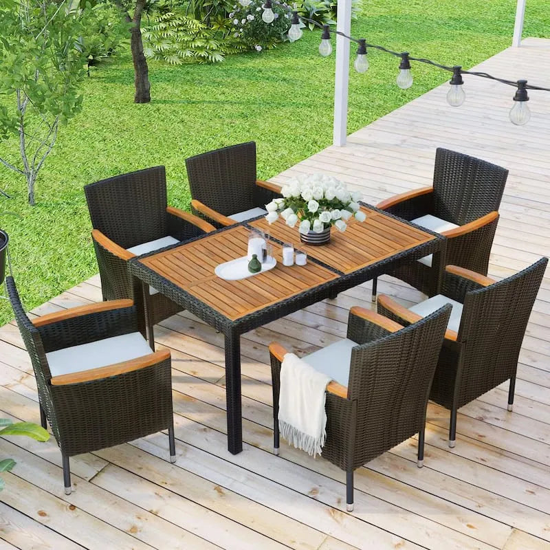 7 pièces Ensemble de repas extérieur en osier brun, plateau en bois d'Acacia, Beige, Ensembles repas de jardin