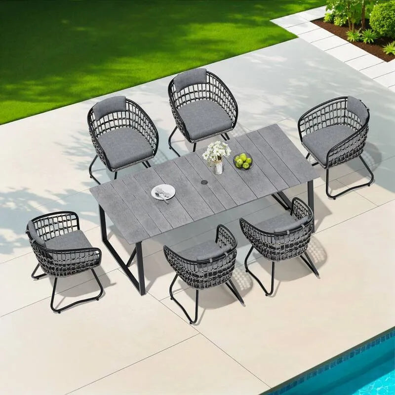 7 pièces Ensemble de repas extérieur 7 pièces, 82, 7 po, métal 7 pièces 82, 7 po, gris, 82.7 in, Ensembles repas de jardin