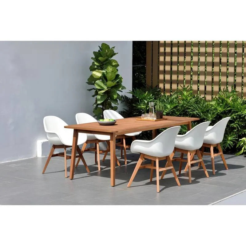 7 pièces Ensemble de repas extérieur en bois de pièce 7 pièces, Carilo, Ensemble de repas extérieur en bois blanc