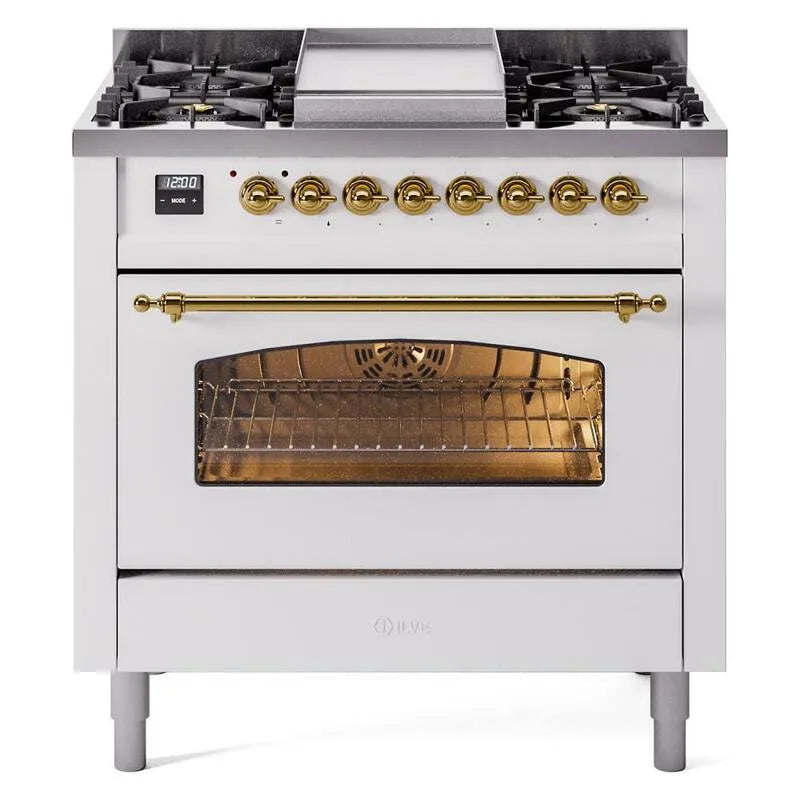 ILVE, Nostalgie II 36 po. 6 Burner plus Gridle Freestanding Liquid Propane Gamme en blanc avec plateau en laiton, Cuisinières mixtes à four simple, 36 in
