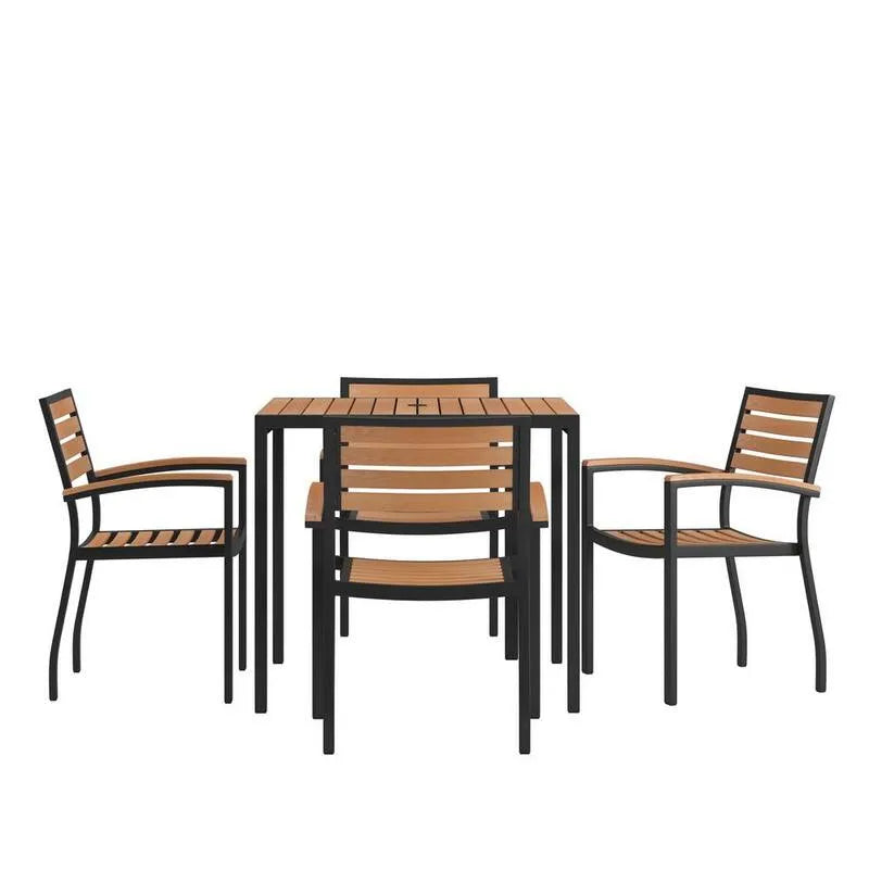 5 pièces Faux Teck Square Ensemble de salle à manger extérieure 5 pièces, noir