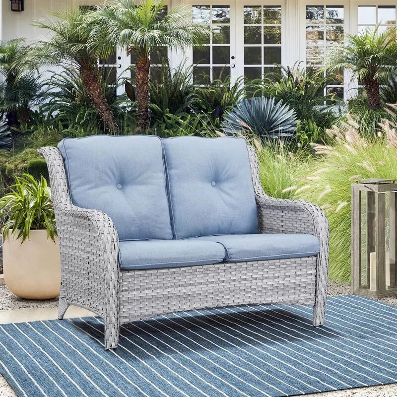 Chaise d'amour, Siège d'amour extérieur en résine tressée gris clair avec coussins bleus bébé, extérieur