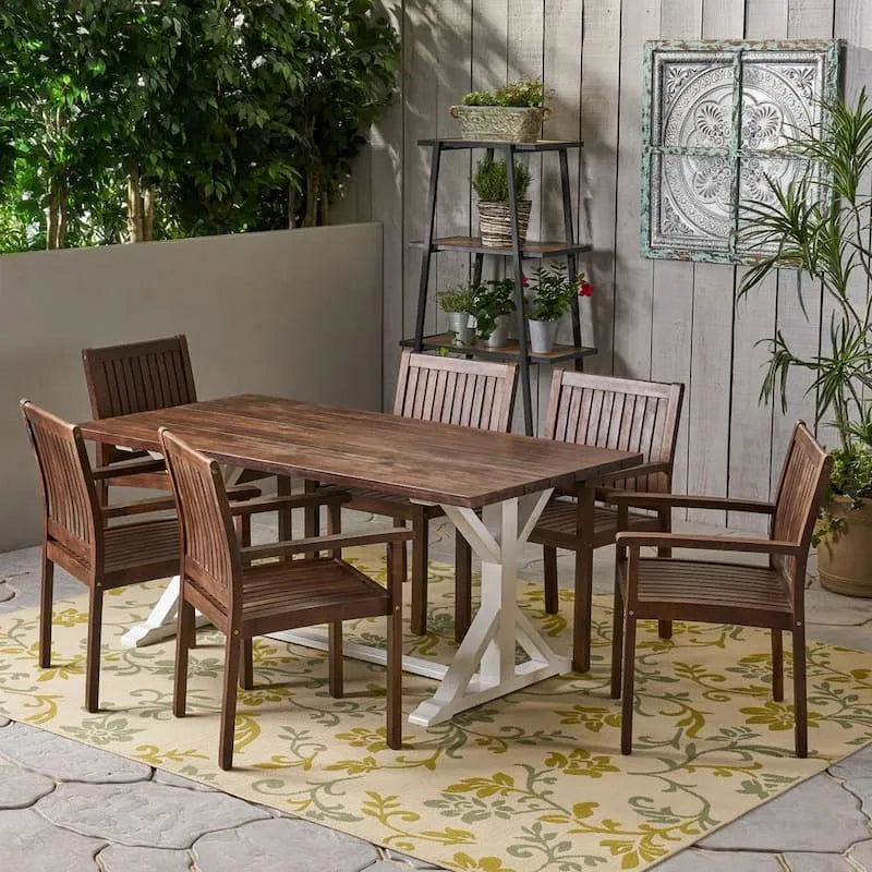 7 pièces Table rectangulaire en bois d'Acacia pièce 7-Pièce, Patio, Extérieur, Cassia, Brun foncé Ensemble de table rectangulaire en bois d'Acacia
