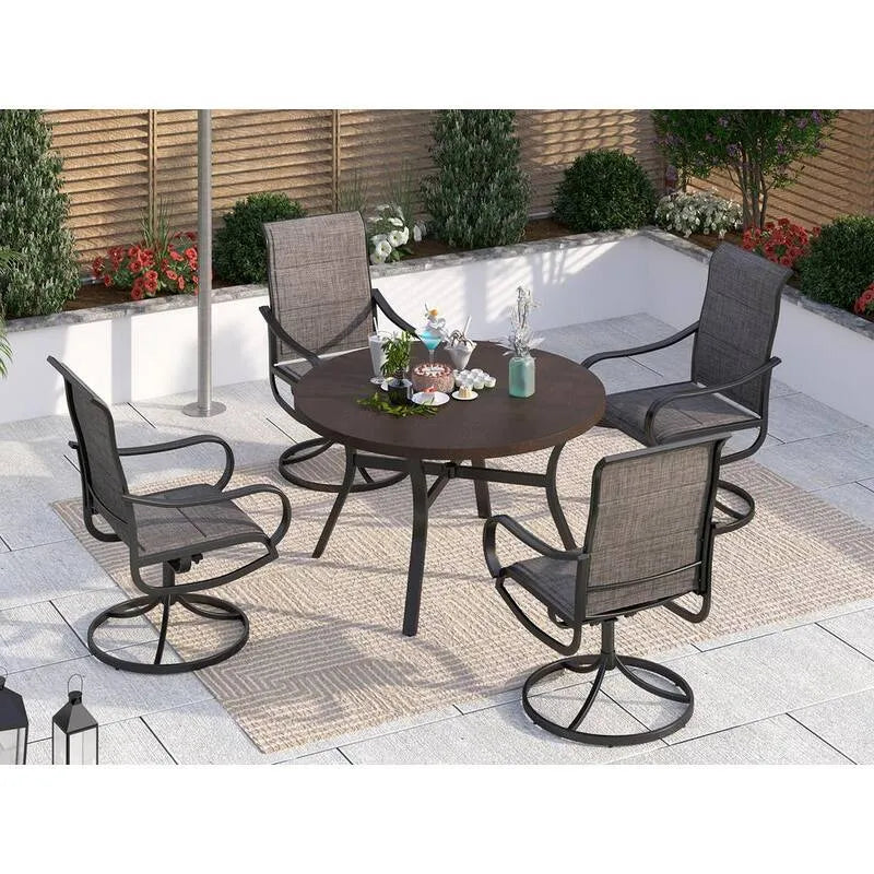 5 pièces Ensemble de repas en métal à l'extérieur, 5 pièces, ensemble de repas en métal à l'extérieur avec table ronde à l'aspect bois et chaises pivotantes en Textile rembourré, noir