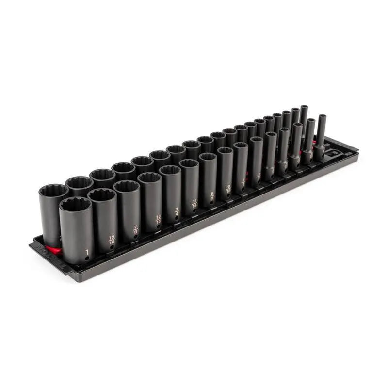 34 pièces 12-Point Jeu de prises à impact de point 12, 3/8 po, 1 po, 24 mm, 34 pièces, 8 in, 1 in, Noir, Ensembles de chaussettes à effet