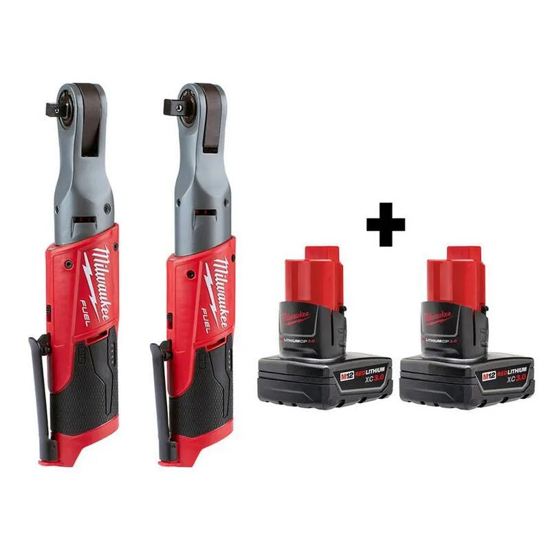 Milwaukee FUEL 12V M12, Design sans fil, 3/8 po, 2 po, Ratchet avec deux piles de 3, 0 Ah, sans brosse, 8 in, 2 in, 3.0 Ah