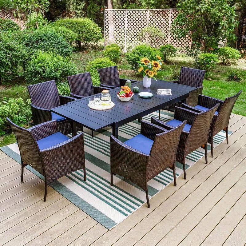 9 pièces Ensemble de repas extérieur en métal à patio 9 pièces, ensemble de repas extérieur en métal avec table extensible et chaises en rotin avec coussin bleu, noir, Ensembles repas de jardin