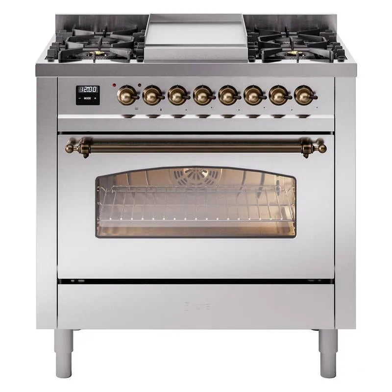 ILVE, Nostalgie II 36 po 6 Burner+Gridle Freestanding Dual Carburant Gamme de gaz naturel en acier inoxydable avec tige de bronze, Cuisinières mixtes à four simple, 36 in