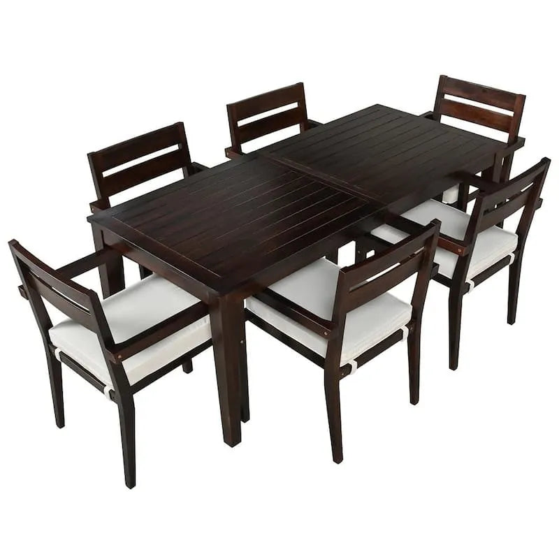 7 pièces Table à manger 7 pièces, ensemble de conversation patio, ensemble de repas extérieur en bois brun foncé avec coussins beiges